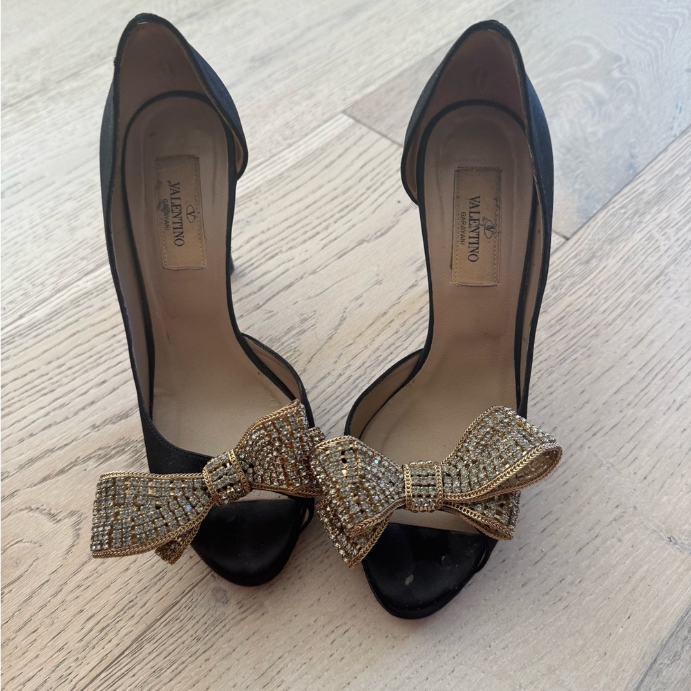 Valentino Black Heels with Embellished Gold Bow